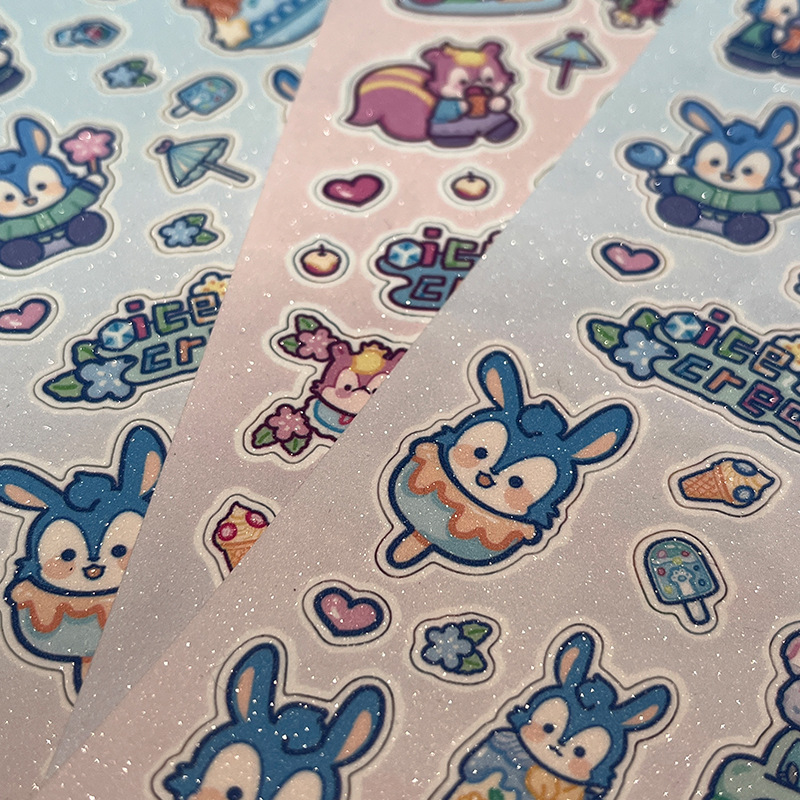 Source Factory Customized Stickers Creative Stationery Cute Pattern Handbook Stickers Synthetic Paper Flash Sand Stickers Customization