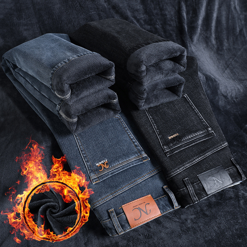 Джинсы с флисовой подкладкой для мужчин, утолщенные, зимние, эластичные, удобные