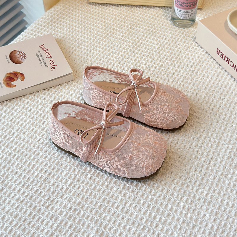 Flat Breathable Lace Mesh Shoes 2025 Spring and Summer New Korean Style Girl's Bow Shallow Mouth Mary Jane Shoes
