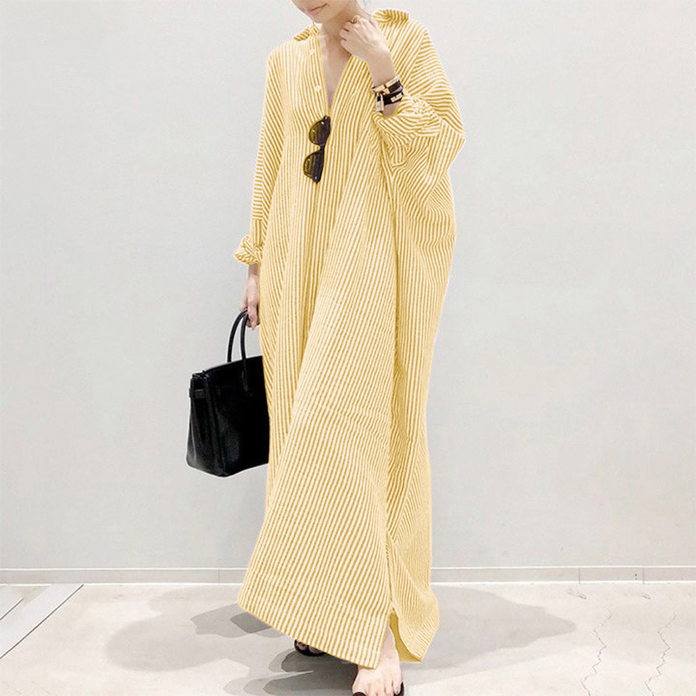 Cross-Border 2025 Southeast Asia Aliexpress New Cotton and Linen Stripesd Cardigan Loose Large Size Elegant Commuter Dress for Women