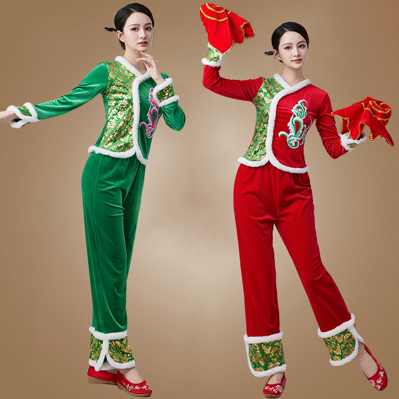 Square Dance Clothing New Set Gold Autumn and Winter Velvet Thickeneded Long-Sleeved Tops Long Pants Team Dance Clothing 2418