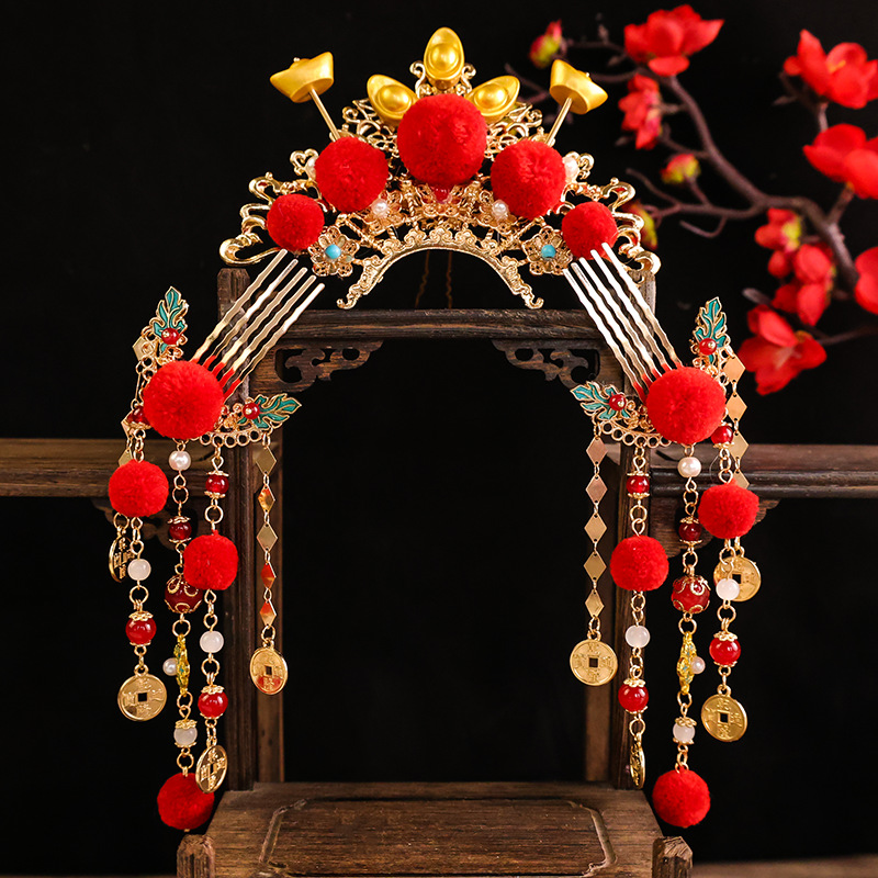 Vintage Cute God of Wealth Hair Accessories Yuanbao Hair Ball Headwear Hair Crown Phoenix Crown New Year Antique Copper Money Red New Year Jewelry