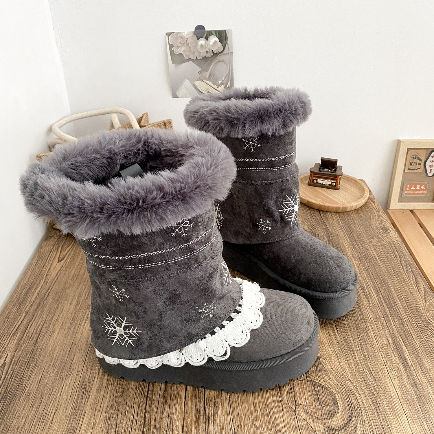 A6099-1 Snow Tube Dual-Wear Thick-Soled Snow Boots Women's Shoes 2025 New Winter Warm White Shoes Large Cotton Shoes