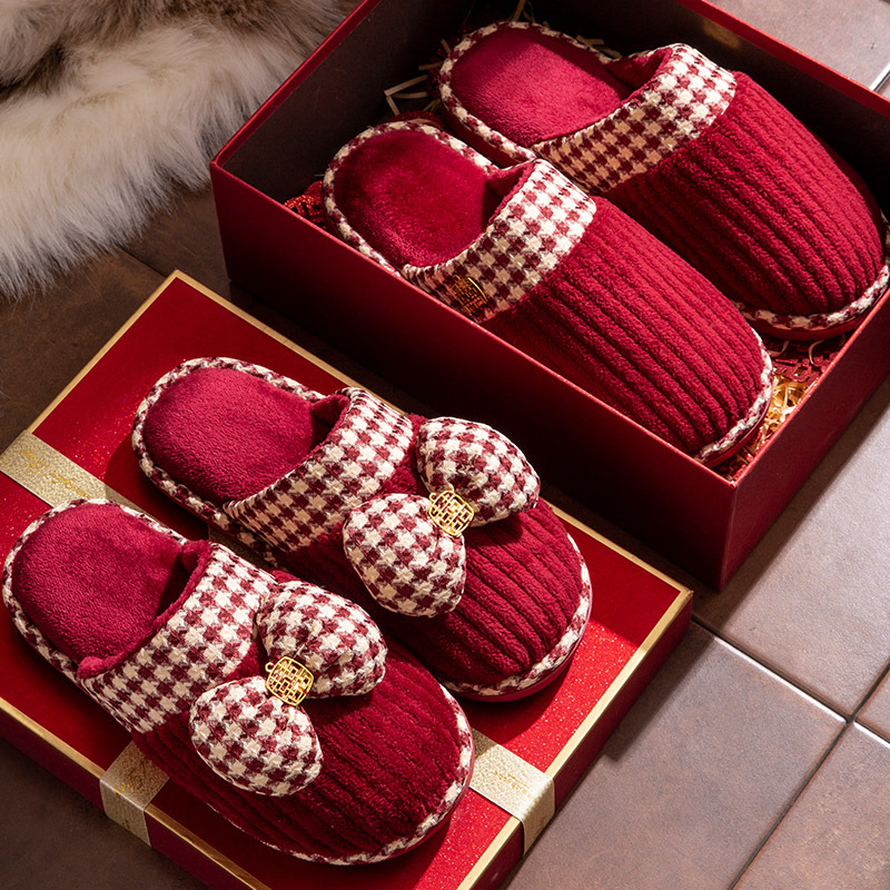 Wedding Slippers Festive Red Pair 2024 New Winter Home Accompanying Wedding Couple Newlywed Cotton Slippers