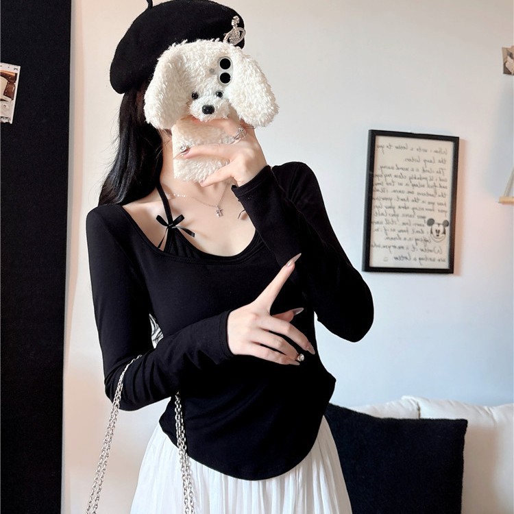 5053 # Pure Desire Halter Neck Faux Two-Piece Brushed Long-Sleeve T-Shirt for Women, Autumn Bow Tie Tie-Up Base Layer Short Top