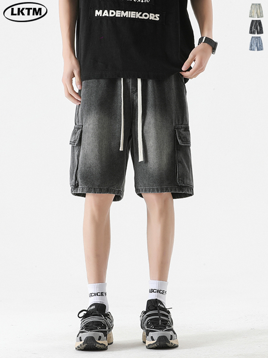 LKTM Men's# American Style High Street Multi-Pocket Tooling Denim Shorts Men's Ins Loose Straight Pants with Loose Waist