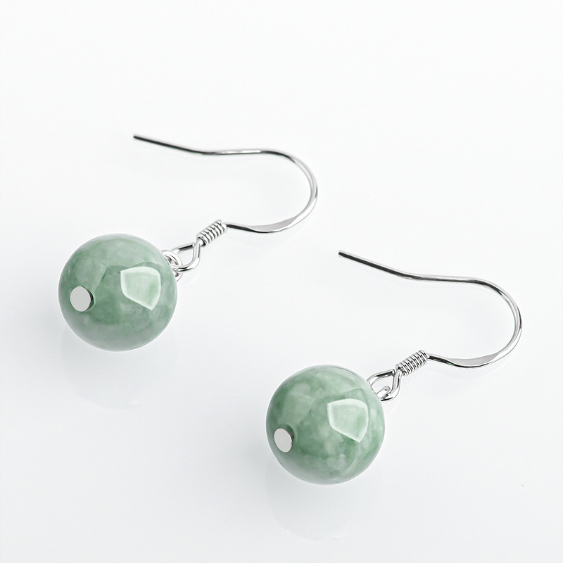 Natural A Goods Jade Bean Green Bead Earrings S925 Silver Inlaid Jade Stone Fashion Women's Earrings Earrings Ethnic Style