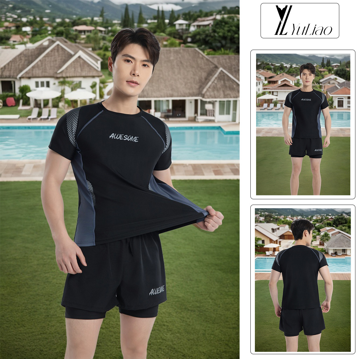 2025 Новая мужская купальная одежда, купальный топ, быстросохнущий, короткий рукав, защитная одежда от солнца, простой свободный двойной слой, брюки