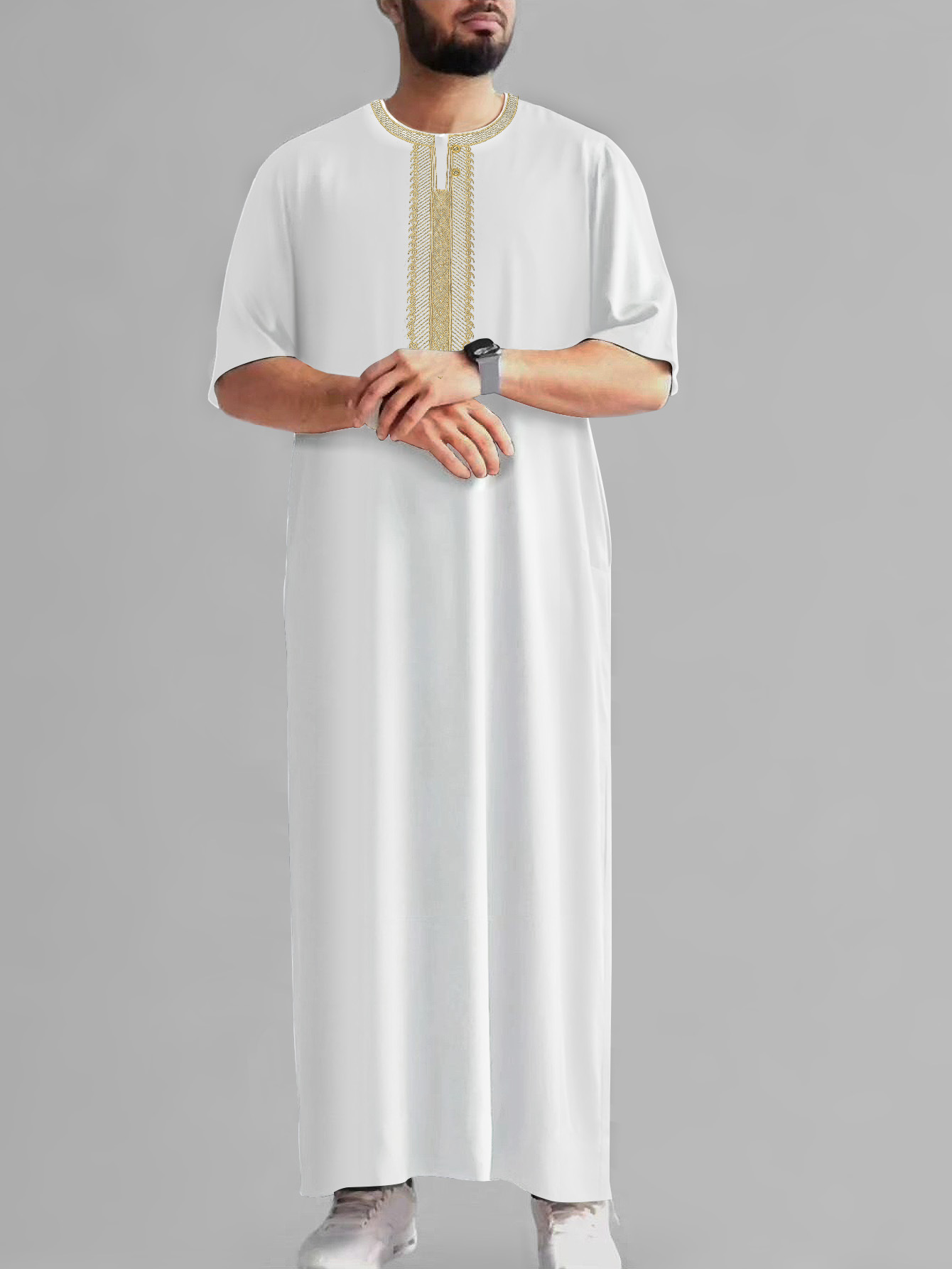 2025 New Middle East Vintage Muslim Middle Sleeve Embroidered Ethnic Style Moroccan Men's Robe Side Pocket