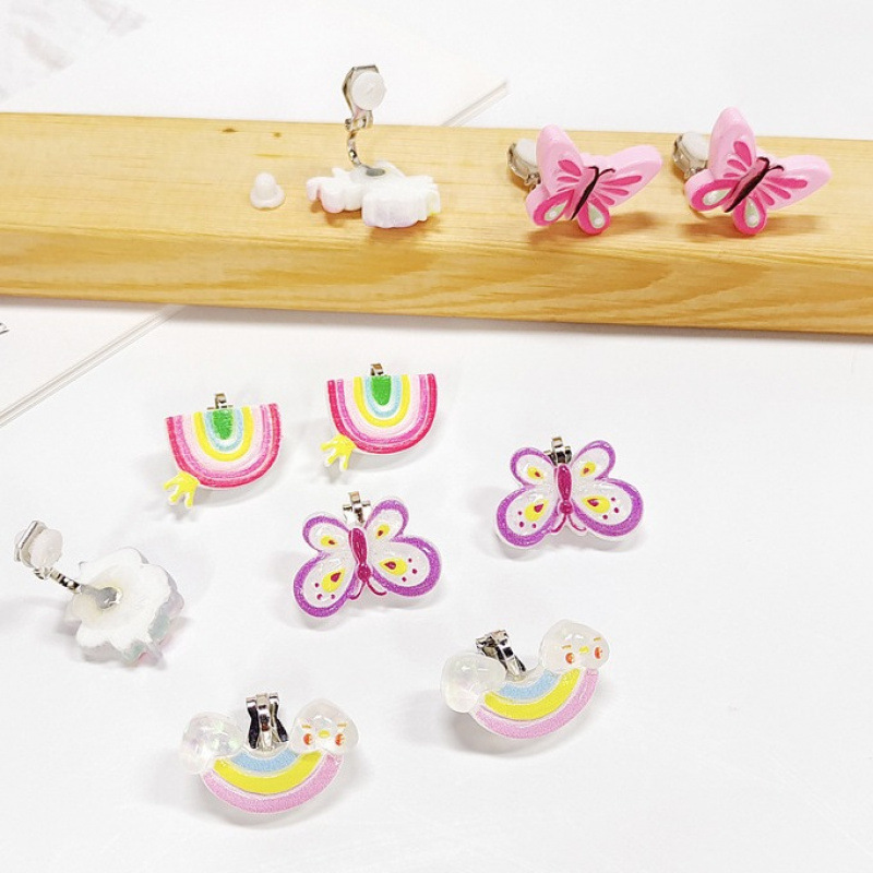 [Can] Children's Cute Earrings Cartoon Resin Pierced Ear Clips Little Girl Short Anti-Pain Earrings Ear Clips