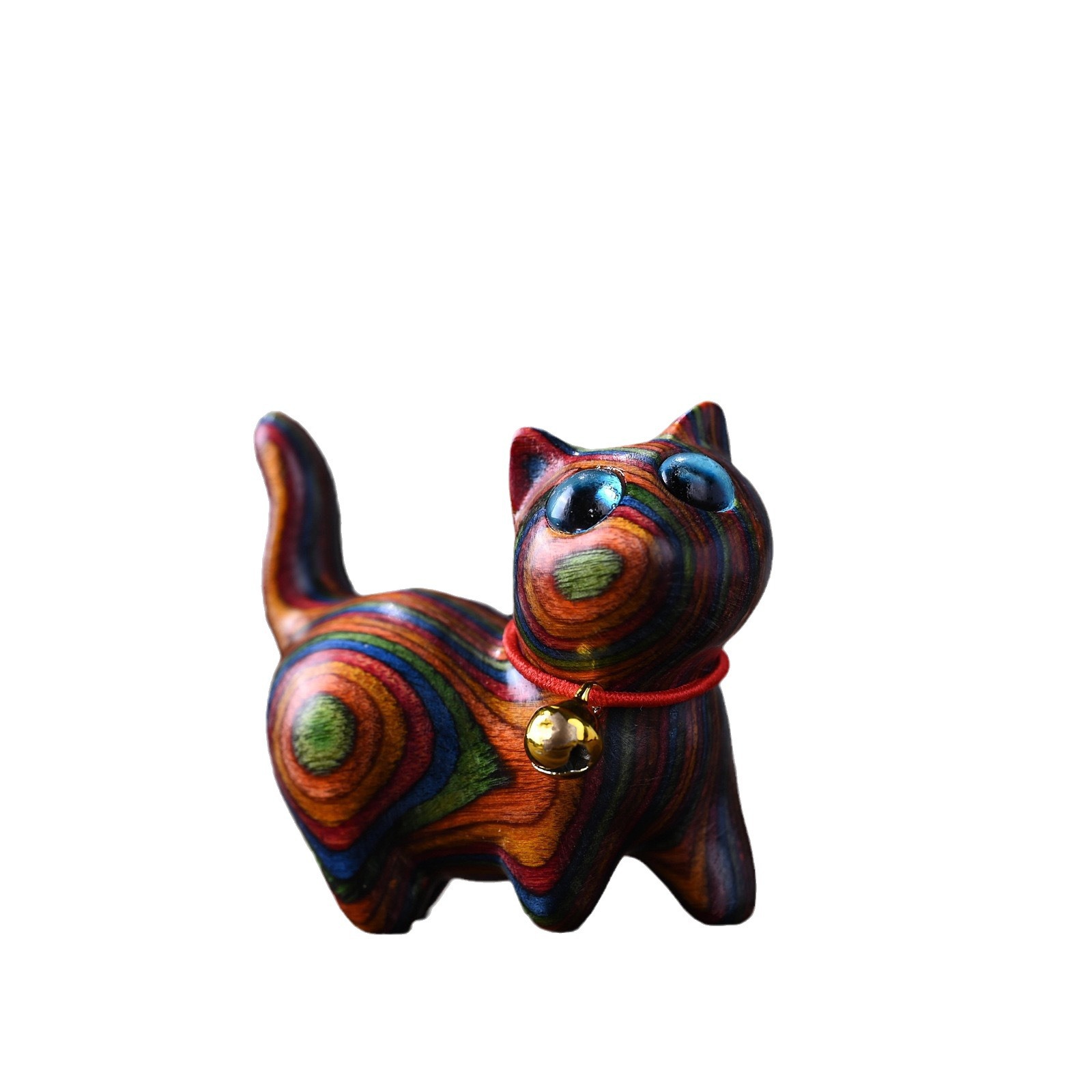 Rainbow Wood Carving Clove Cat Handheld Piece Rainbow Crooked Head Kitten Mini Desktop Ornaments Crafts Home Creative