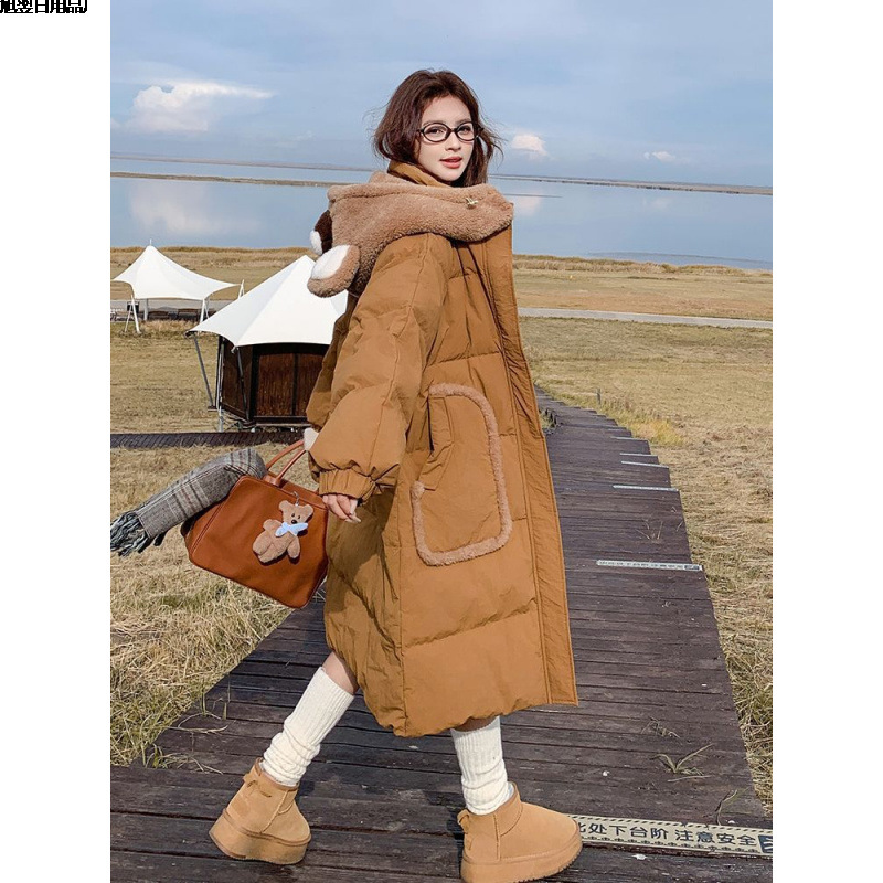 Женская зимняя куртка с капюшоном в виде медведя, желто-коричневая, уменьшающая возраст, новая, средней длины, теплый трендовый жакет