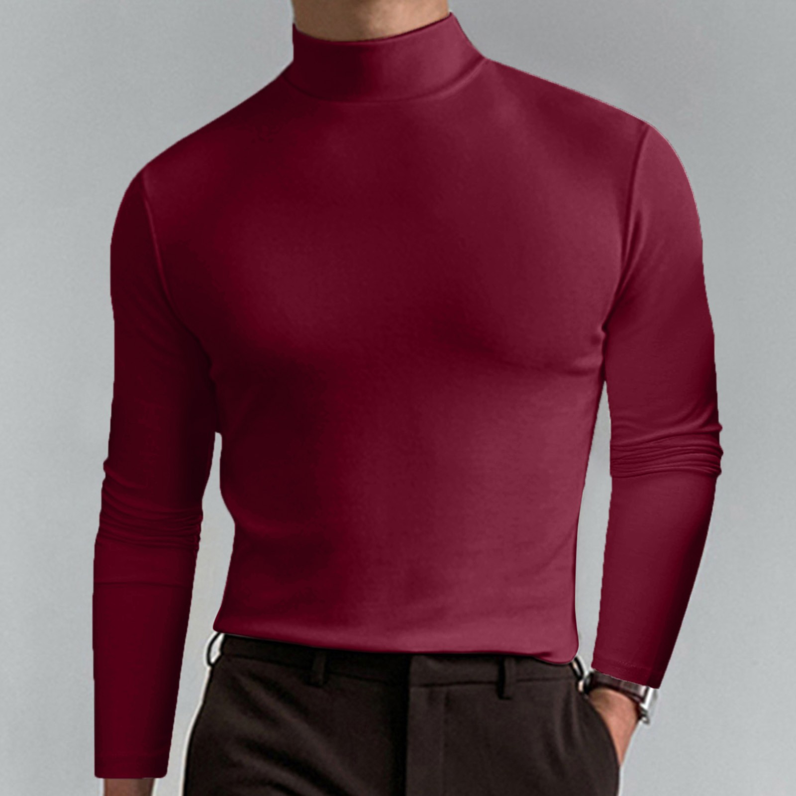 Amazon Foreign Trade European and American Men's 2023 Autumn and Winter High Collar Long Sleeve T-shirt Men's Base Shirt Comfortable Solid Color Top