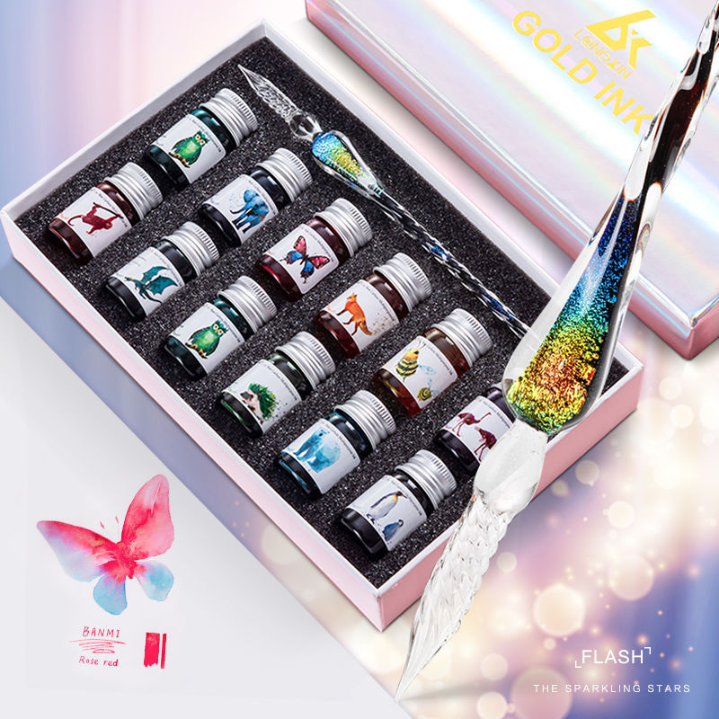 Ограниченная серия, стеклянная перьевая ручка Elf, 12 цветов, с цветными чернилами, подарок для студентов, практика каллиграфии