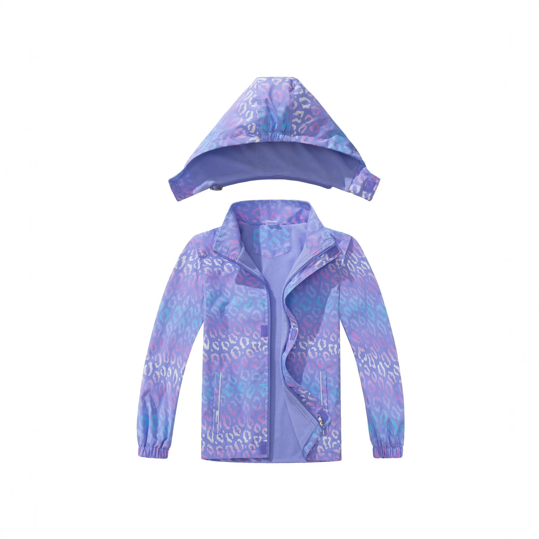 Girls' outdoor waterproof breathable hooded zipper jacket fashionable sports printed gradient leopard print trench coat