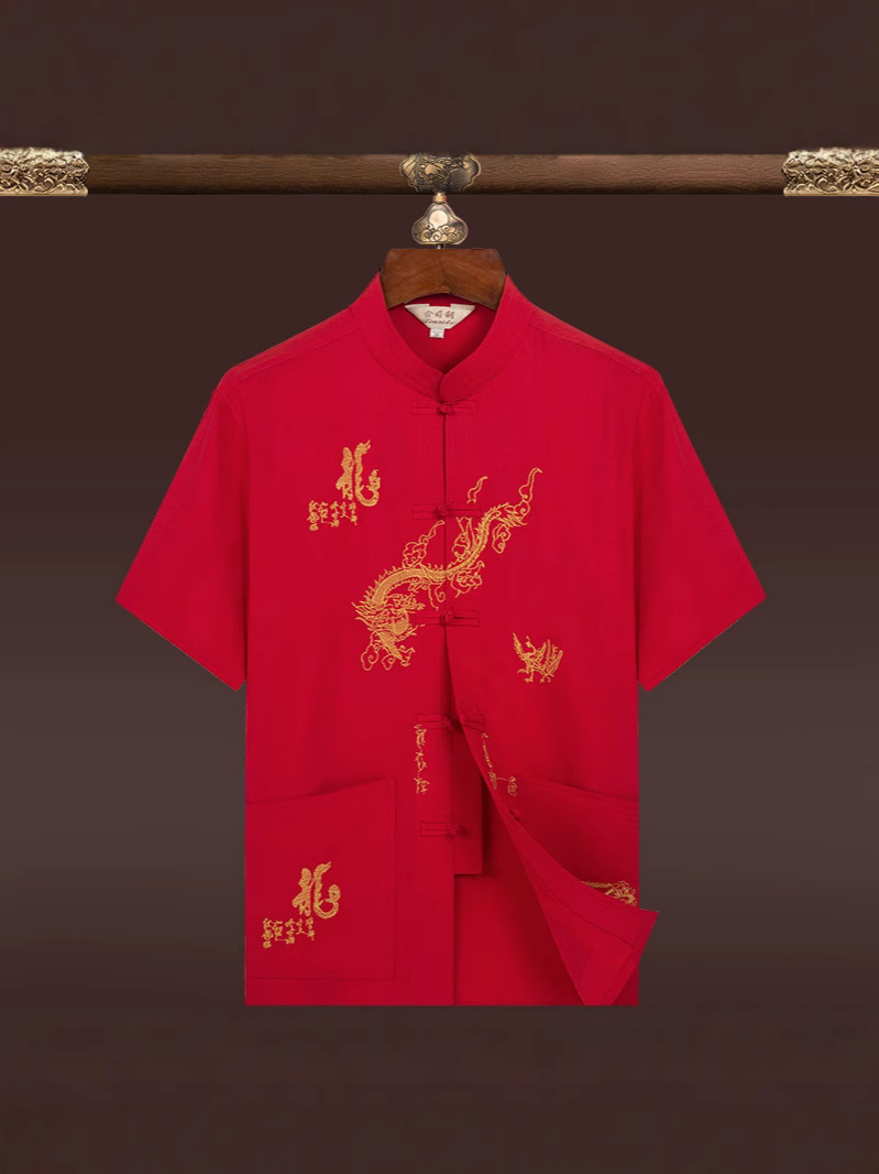 Casual Embroidered Shirt 2025 New Men's Middle-Aged and Elderly Dad Short-Sleeved Loose Thin Chinese Style Tang Suit Short-Sleeved