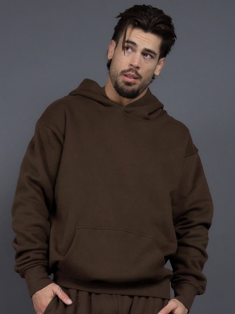 New 400g us size fleece-lined thickened hooded sweater men's American-style loose drop-shoulder solid color couple sweater autumn and winter fashion