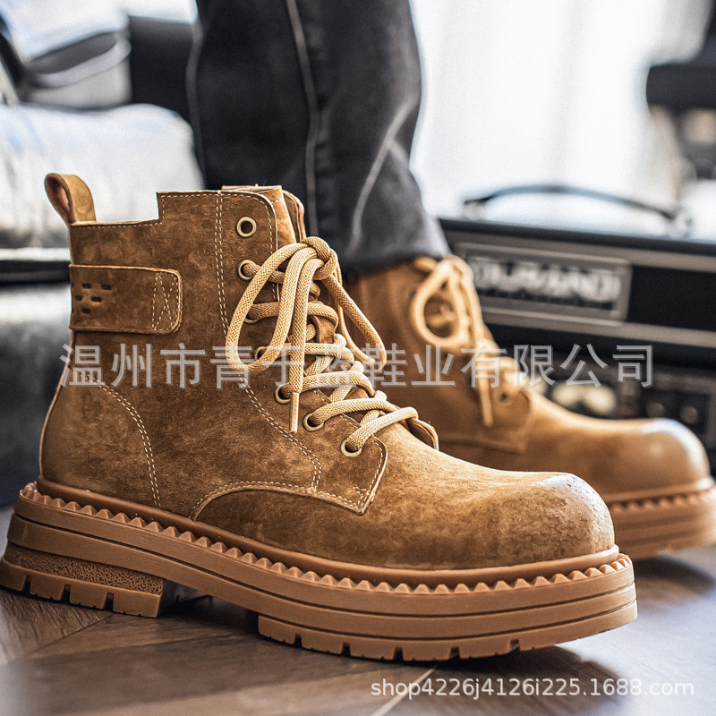 Autumn and Winter Men's Boots, Boots, Men's High-Top Thick-Soled Distressed Work Boots, Lace-Up Men's Genuine Leather Rhubarb Boots, Hiking Boots