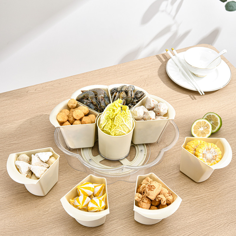 New Hot Pot Plate Drain Basket Multi-compartment Household Rotatable Plastic Fruit Plate Vegetable Basket Vegetable Plate
