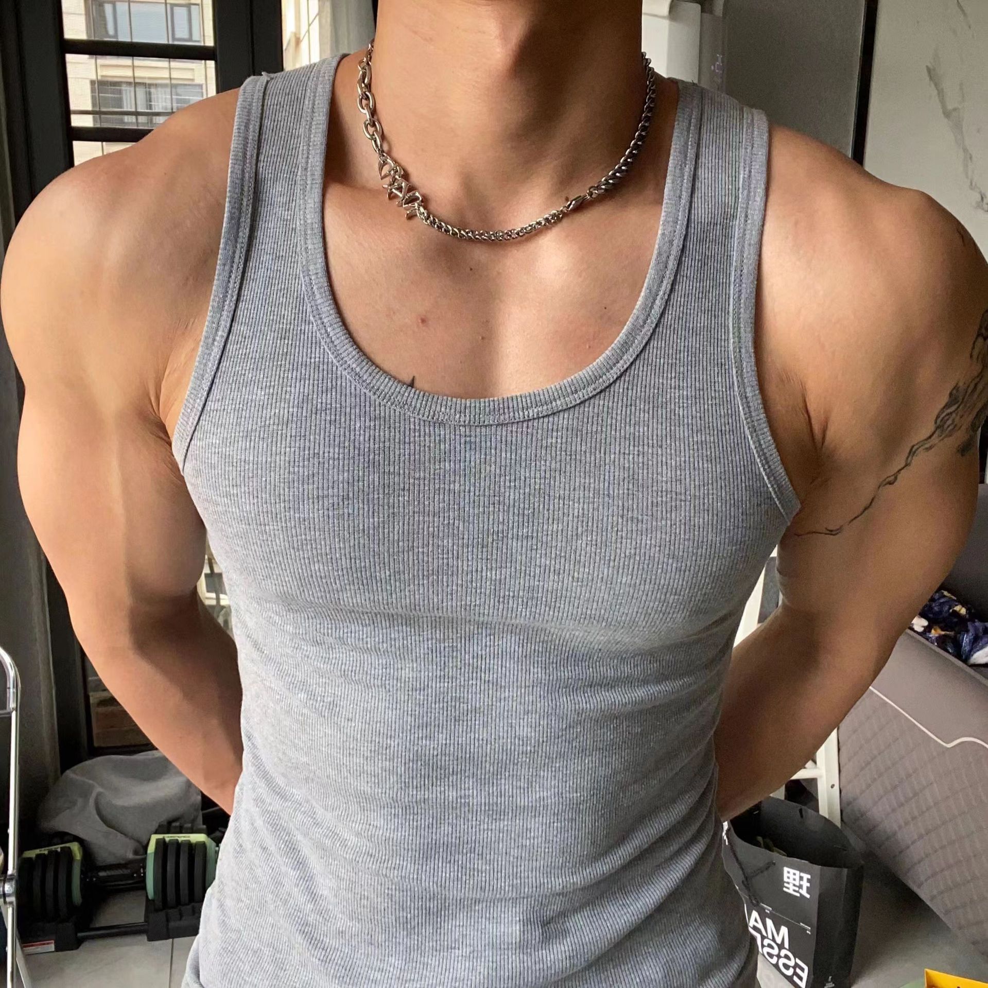 Мужская фитнес майка из хлопка с эластаном утолщенная 230г 2x2 американская спортивная майка впитывающая пот