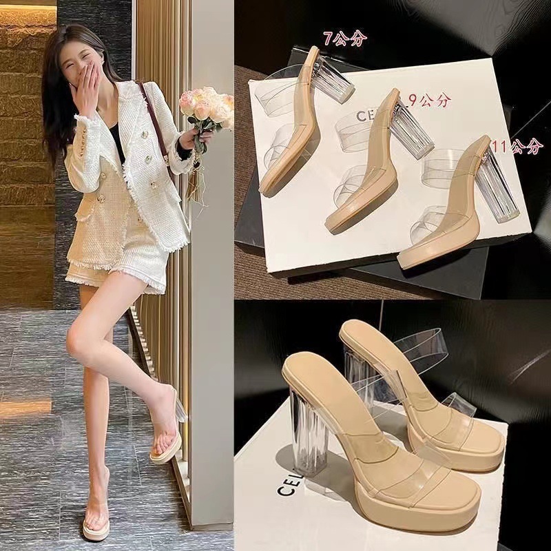 High Heels Women's 2024 Summer New Waterproof Platform with Not Tired Feet Thick Heel Crystal Slippers Women's Sandals Women's Shoes