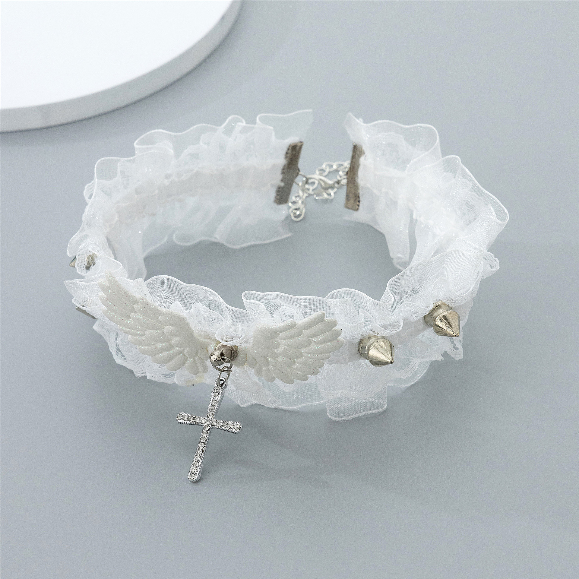 Harajuku Style choker Necklace Women's Lace Angel Wings Cross Rivet Collar Necklace Clavicle Chain