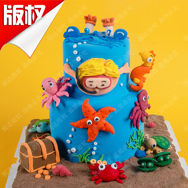 Летний пляжный торт с мальчиком для дайвинга, мягкая глина, маленькие акулы, крабы, русалки, мультяшные элементы для дня рождения