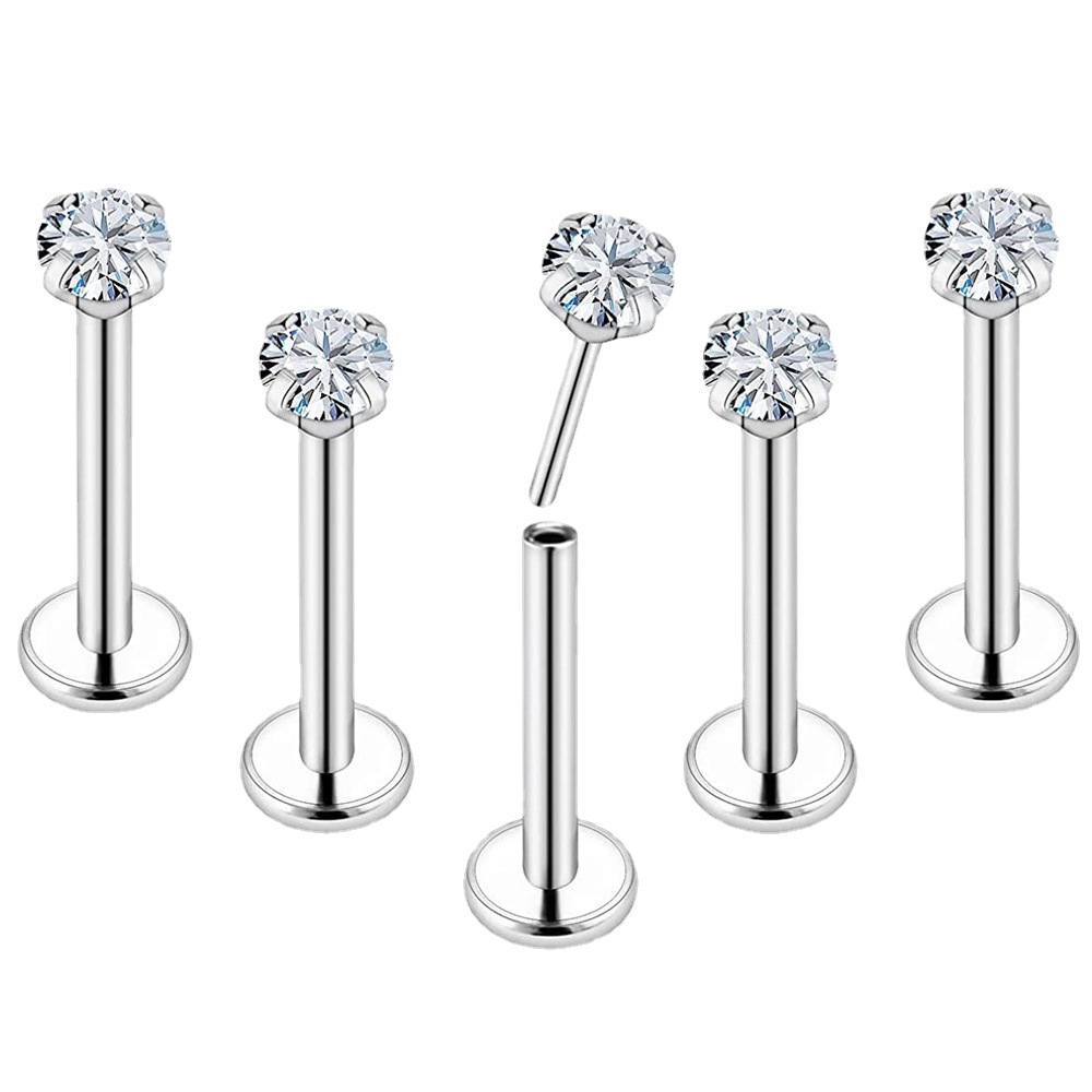 16G/18G titanium steel pin lip nail ear bone nail round oxidized AAA zircon plug-in tongue nail puncture jewelry