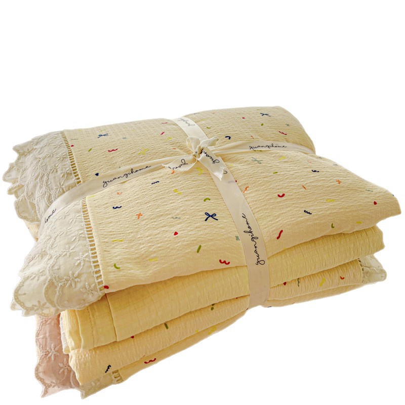 Youyixin Class a Wrinkled Yarn Double-Layer Yarn Cotton Edge Four-Piece Set Single and Double Dormitory Bed Sheetss and Fitted Bed Sheetss Set