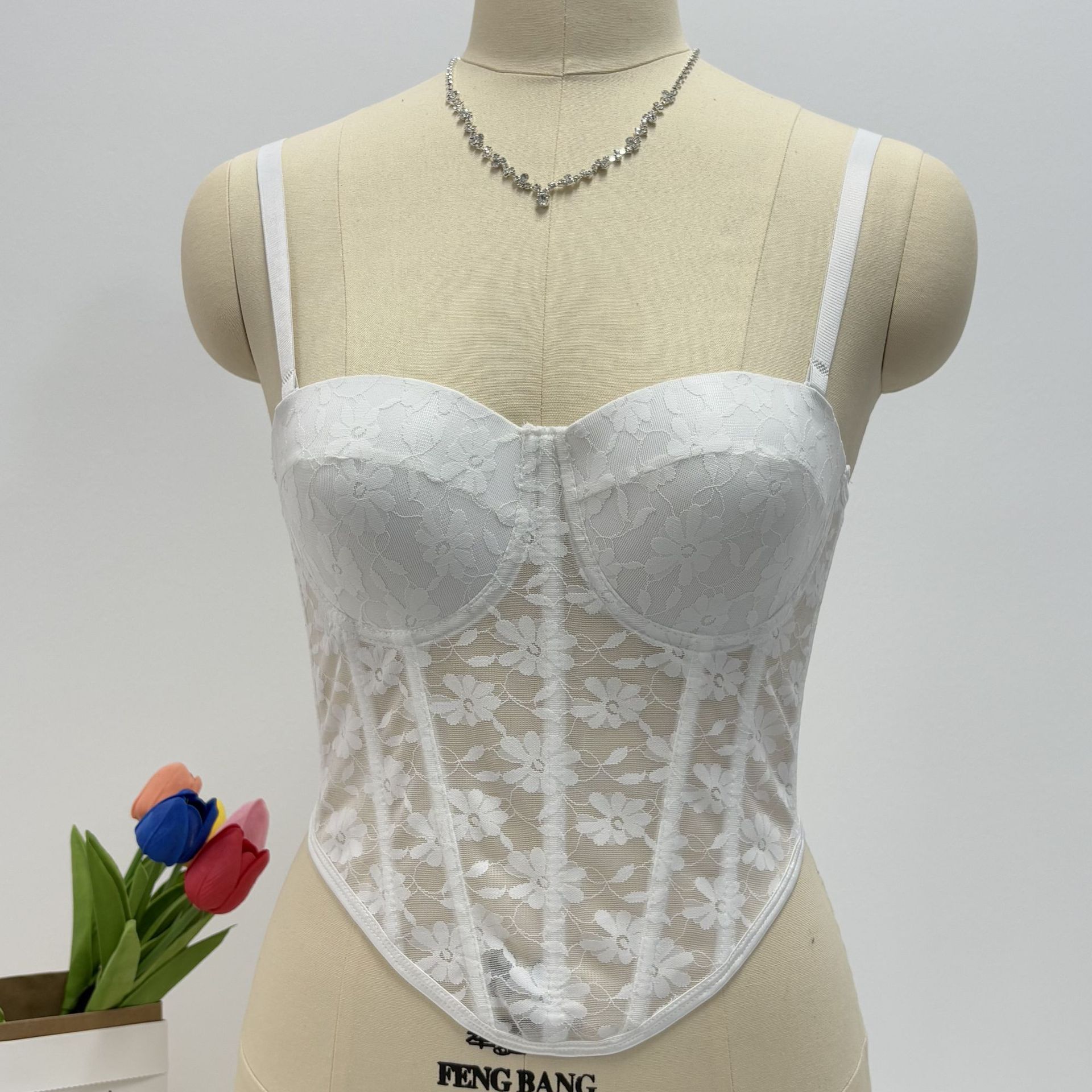 Wholesale Custom Mesh Fishbone Bra Jacquard Lace Women's Vest Foreign Trade Sexy Camisole Vest-Style Bra Push-Up