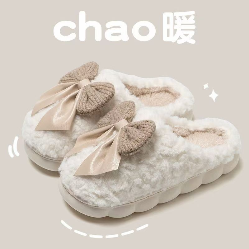 New Cotton Slippers for Men and Women in Winter with Bow Thick Soles for Home Furry Slippers Indoor Warm Fleece-Lined Thick Sole Confinement Shoes