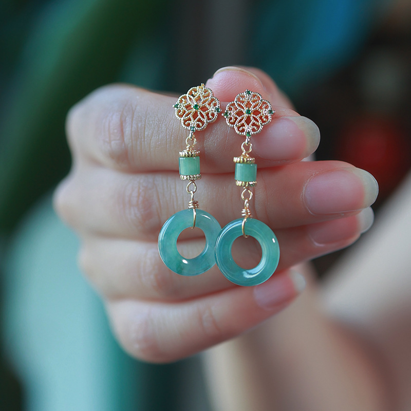 Guatemala Blue Water a Goods Natural Jade Earrings Earrings Safety Buckle Hazardous Material Simple Fashion 14K Gold Injection Earrings