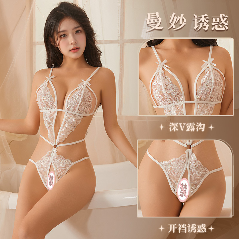 Sexy lingerie sexy lace seductive jumpsuit hot hollow out three-point open uniform women's pajamas one-piece delivery