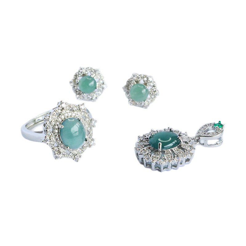 Juanyu Natural A-Grade Jadeite Three-Piece Set Blue Water Earrings Ring Pendant Set Wholesale Fc5082201