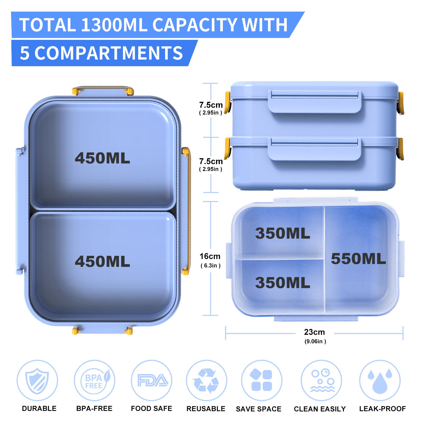 Cross-border new large-capacity compartment lunch box student office worker lunch box can be heated into the microwave oven square lunch box