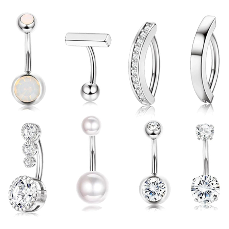 Cross-border stainless steel belly button ring 8 pieces suit round zircon sexy light luxury belly button nail body piercing jewelry