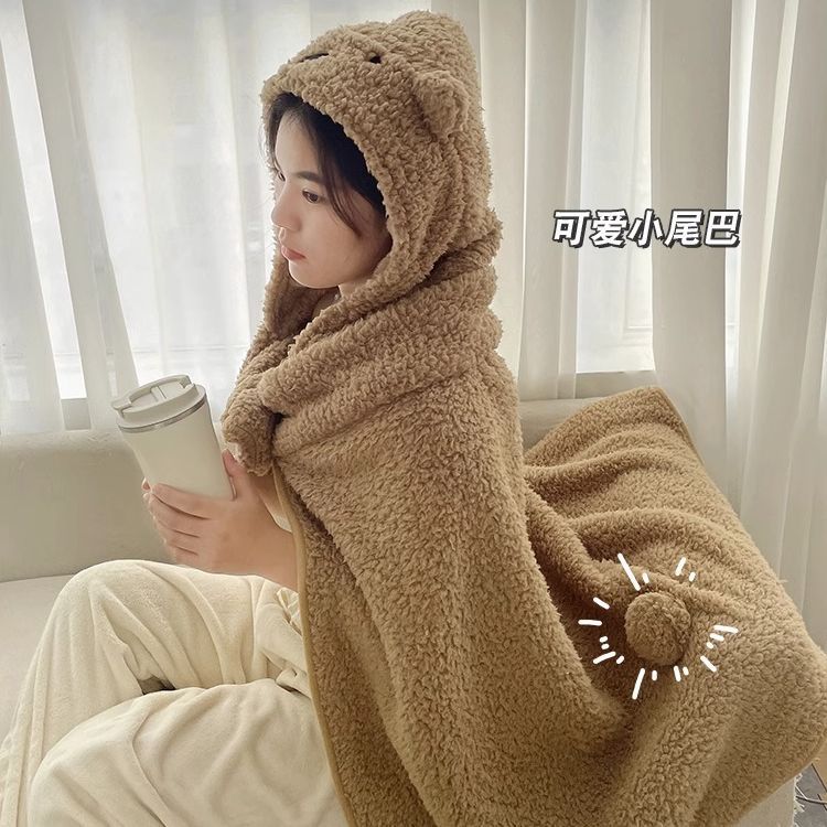 Cartoon bear cute autumn and winter thickened warm blanket shawl hooded student lunch break nap blanket Cape style