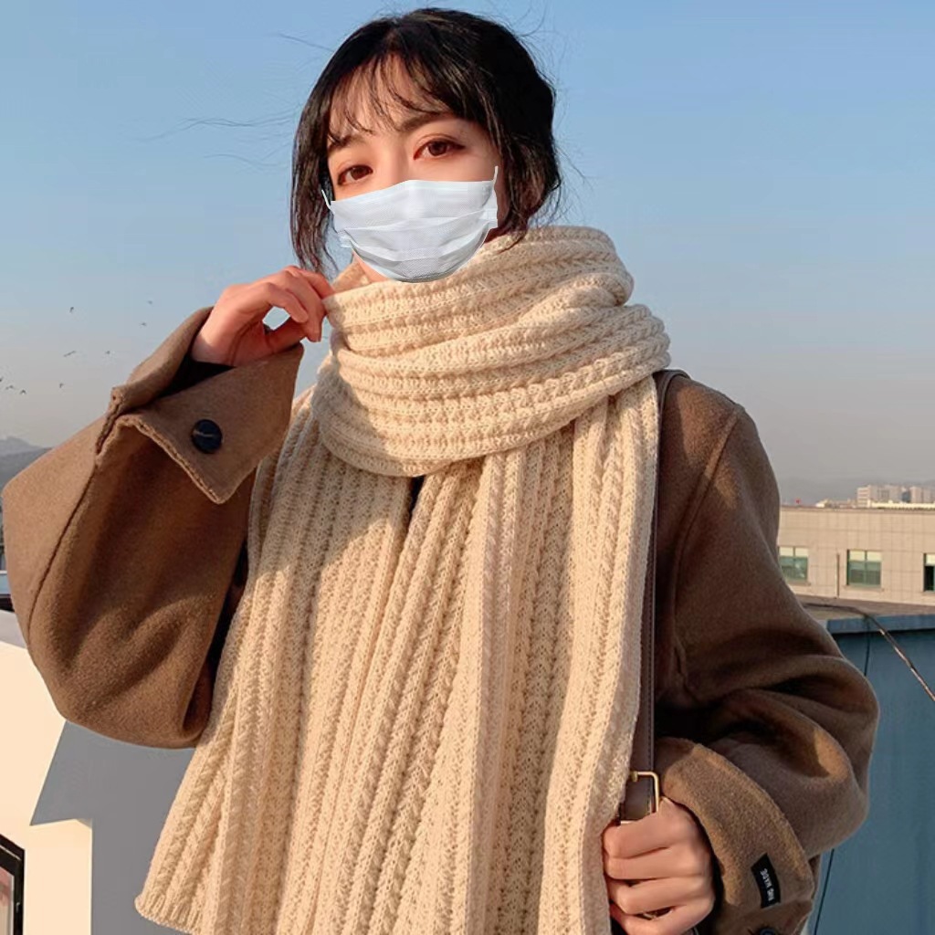 Scarf Winter Men's and Women's Knitted Wool Solid Color Lengthened Warm Cute Scarf Couple's Same Style Scarf All-match