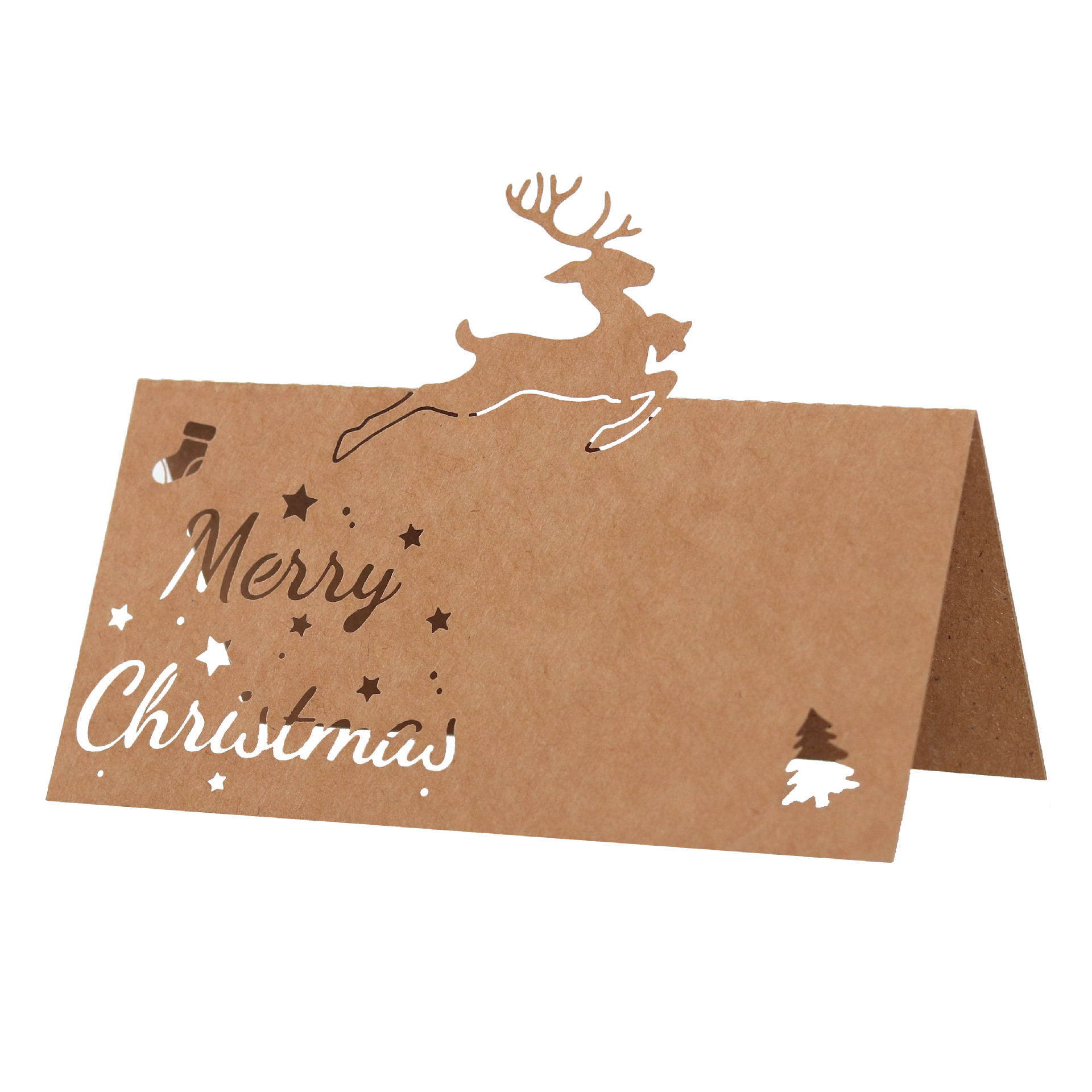 Коричневая упаковочная бумага Вырезанная карточка с оленем Рождественская открытка Белый снежинка Карточка с именем Праздничная карточка для стола с елкой