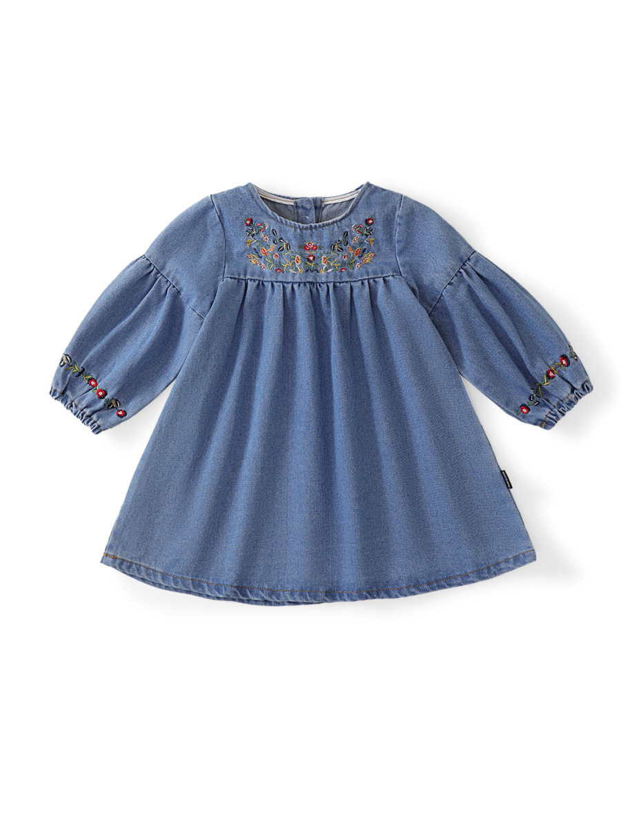 MDD New Girls' dress 2024 New Children's Clothing Baby Cute Denim Long Sleeve Embroidered Flower Denim Skirt