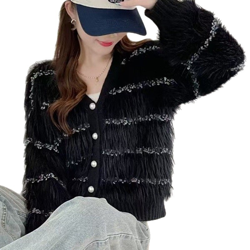 2025 Autumn and Winter Popular Imitation Mink Velvet Color Dot Knitted Jacket Cross-Border Lazy Style V Neck Cardigan Fashionable Soft Waxy Sweater