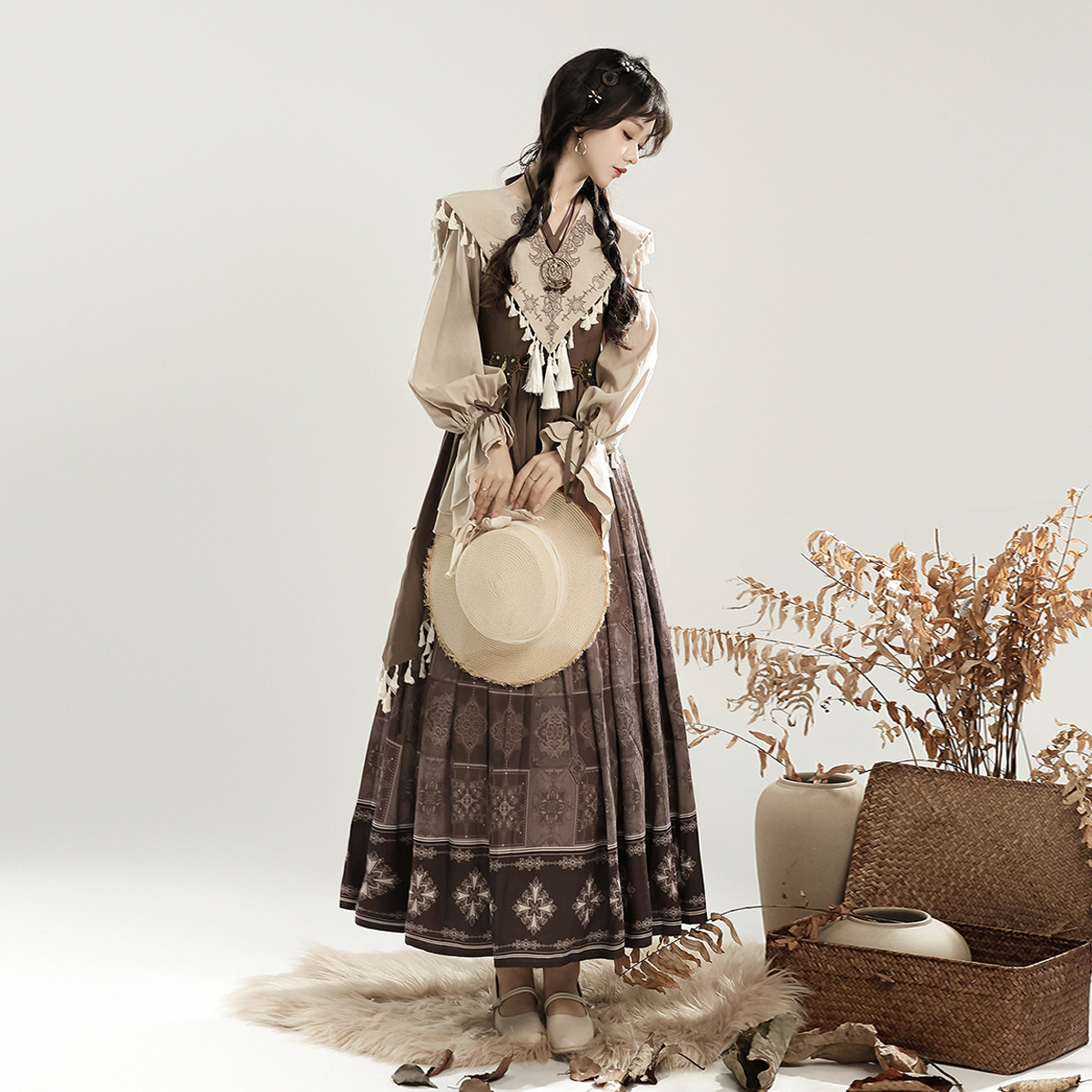 Оригинальный Загадочный Племенной Ханьфу Женский Китайский Стиль Улучшенный Хань Элемент Фальшивый Воротник Юбка комплект 7156