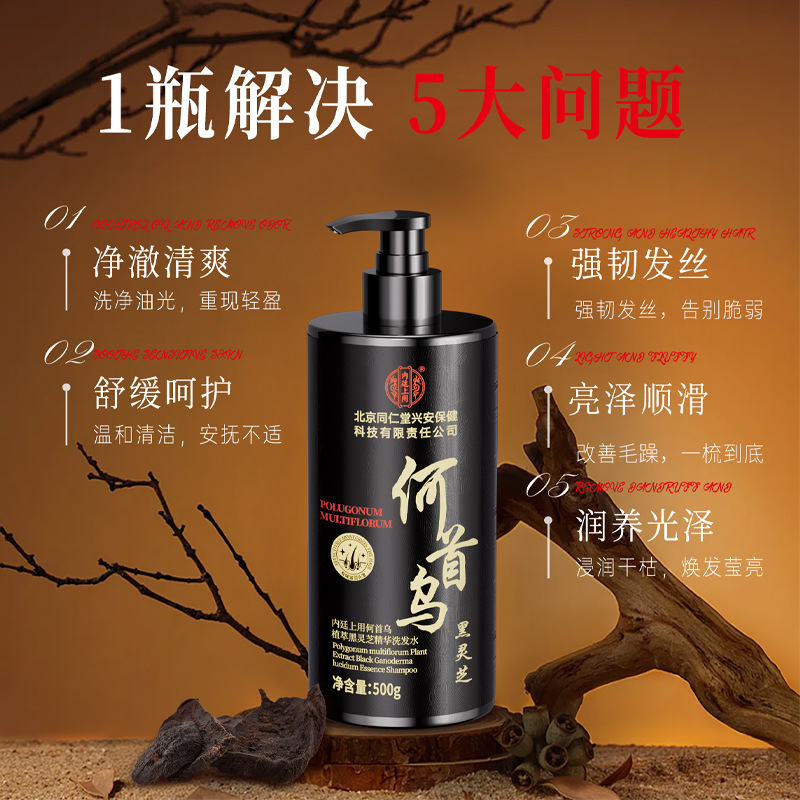 Beijing Tongrentang Inner Court Uses Polygonum Multiflorum Plant Extract Black Ganoderma Essence Shampoo Genuine Ginger Shampoo