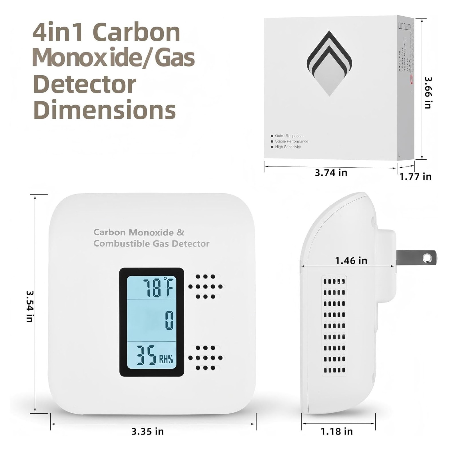 4-in-1 Upgraded Version of Natural Gas Leak and Carbon Monoxide Detector, Plug-In Alarm Yc401 Pro+