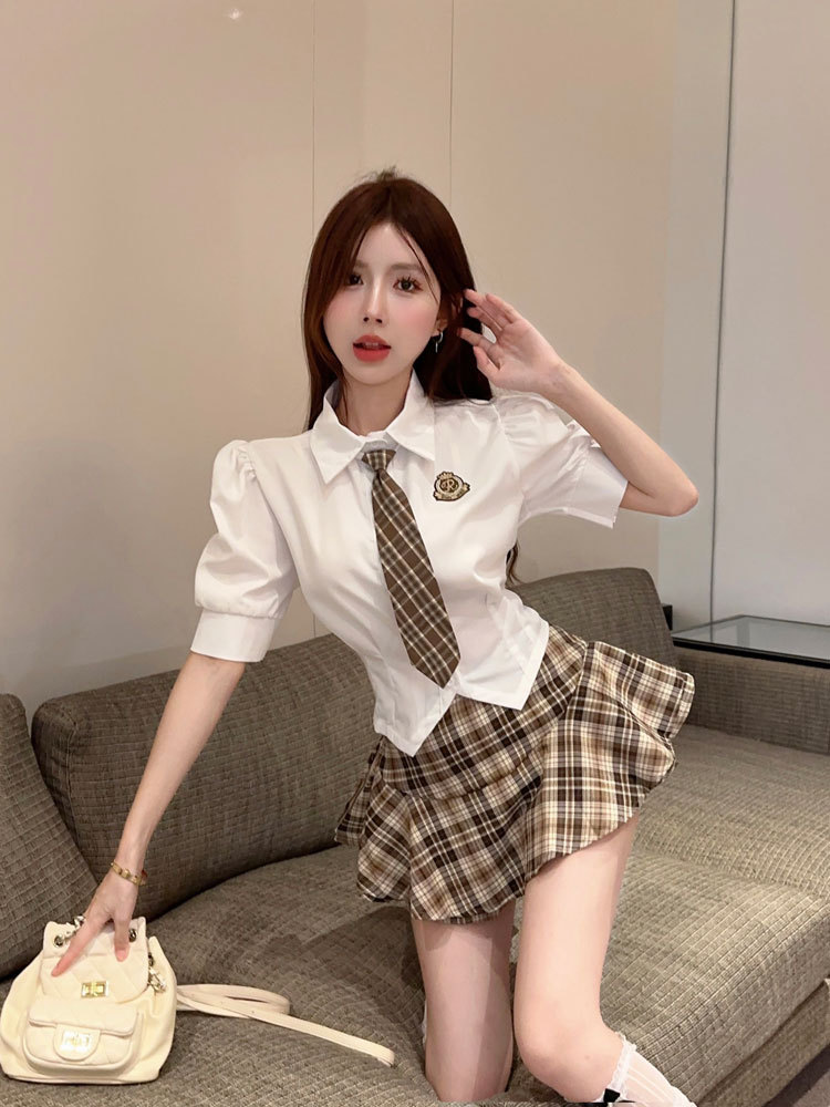 American Academy Style JK Uniform suit Women's Summer Cute Sweet and Spicy Bubble Sleeve Shirt Plaid Skirt Two-Piece Set