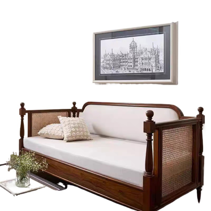 American Retro Solid Wood Sofa Small Apartment Living Room Study Three-Seat Straight Rattan Sofa Bed Antique Furniture