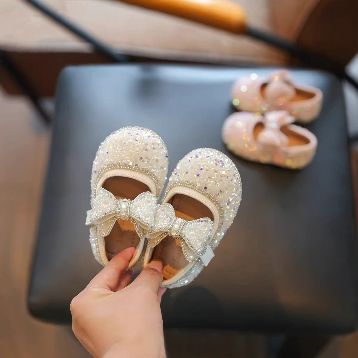 Baby Toddler Shoes 2025 New Spring & Fall Bow Soft Bottom Baby Crystal Flats Kidsren's Princess Shoes Leather Shoes