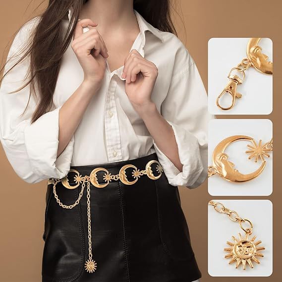 New Women's Casual Belt with Metal Chain and Moon Decoration, Suitable for Pairing with Skirts and Pants, Fashionable
