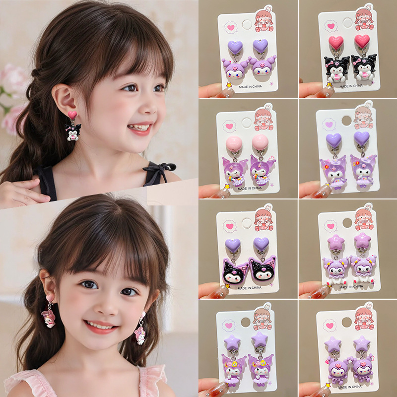 Серьги-зажимы Kuromi для девочек, мультяшные серьги с проколом, безболезненные серьги для малышей