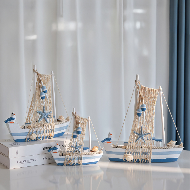 Mediterranean Sailboat Model Smooth Sailing Ornaments Wooden Seabird Boat Craft Boat Desk Ocean Style Decoration